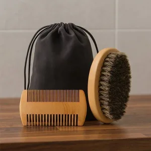 Conjunto de Escova de Barba com Cerdas de Javali Macias e Pente de Bigode para Estilização Masculina