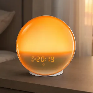 Despertador com luz natural de nascer do sol, candeeiro de cabeceira USB com rádio