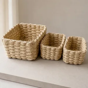 Conjunto de 3 cestos de armazenamento em vime, organizador entrançado elegante