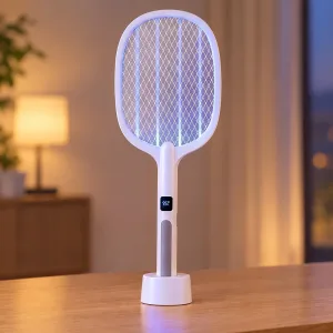 Mata-mosquitos Elétrico Recarregável Dobrável com Luz UV, Raquete Mata-moscas Elétrica